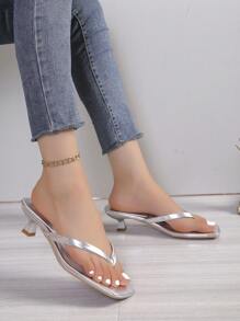 Casual Soft Leather Square Toe Slip-On Slippers, Kitten Heel Sandals, Open Toe Mules For Women With Thin Heels
