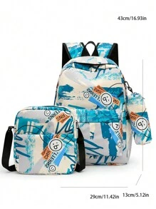 Three Pieces Set Backpack With Lunch Box & Pencil Case, Dirt Resistant Ultra Lightweight Large Capacity Backpack For Teen Boys, Backpack Set, Travel Junior High School Campus Backpack - Cadet Blue - View 2