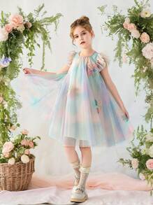 Young Girl 1pc BSand-Colored Rainbow Ombre Flared Dress With Puff Sleeves And 3D Flower Accents, Tulle Princess Dress