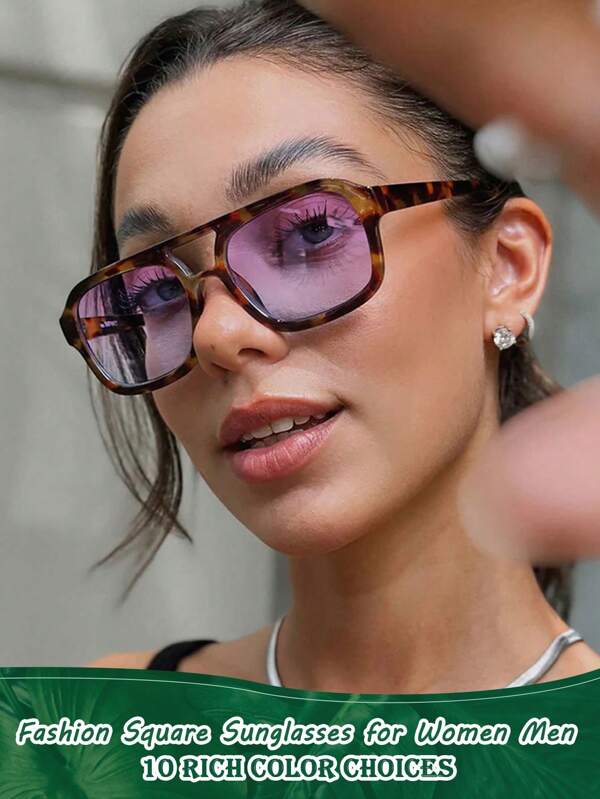 Lunettes de soleil mode femme type aviateur carrées, monture rétro années 70 à double pont. Lunettes de soleil vintage pour hommes, verres violets
