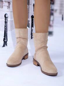 Pile Of Boots Women Knight Boots Retro Suede Thick Heel Pointed Toe Autumn New Ruched Mid-Tube Boots Autumn - Khaki - View 5