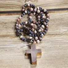 1pc Springtime Fashion Bohemia Style Natural Stone & Glass Beads Knotted Necklace With Cross Pendant, For Sweater Chain