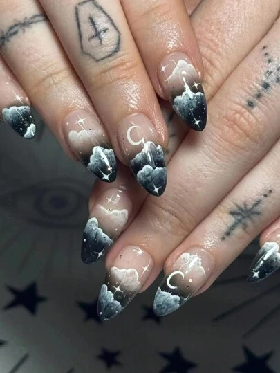 Halloween Shape: 24 Pieces Of Mountains And Seas, Smeared With Stars And Moons, Long Almond-Shaped Fake Fingernail Set, Suitable For Girls' Daily Work And Dance Wear Press On Nails Nail Supplies Nails