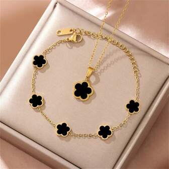 1 套精致的幸运四叶草首饰套装 - 18K 镀金、亚克力马赛克、304L 不锈钢花朵手链和吊坠项链套装，送给女孩和朋友的理想礼物，适合任何情人节场合的时尚配饰