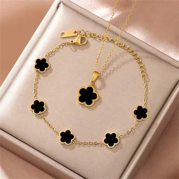 1 set exquisito de joyas con trébol de la suerte - chapado en oro de 18K, mosaico acrílico, conjunto de pulsera y collar con colgante de flor de acero inoxidable 304L, regalo ideal para chicas y amigas, accesorio de moda adecuado para cualquier ocasión, San Valentín
