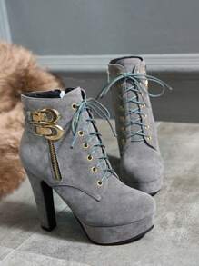 High Heel Princess Shoes, Thick Heel Leather Lace-Up Sexy Waterproof Platform Ankle Boots, New Autumn/Winter Fashion - Grey - View 2