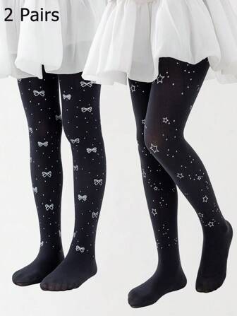 2pairs/Set Girls' Bowknot Leggings, Thin Toddler Pants With Printed Stars & Hearts Pattern