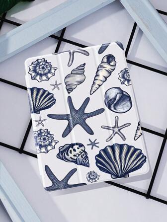 1入組海洋元素圖案平板保護套，防跌落功能、筆套、睡眠/喚醒功能，適用於三星、華為、小米和iPad