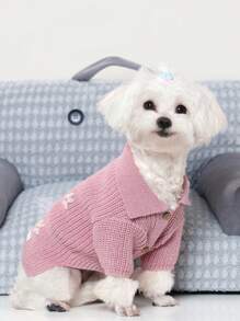 UFBemo 1pc Pet Sweater, Cute 3D Floral Knit Polo Collar Cardigan, Soft Comfortable Material Suitable For Cats And Small-Medium Dogs