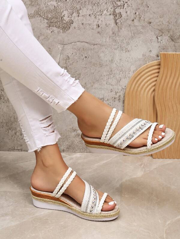 Gewebte Keilsandalen für Damen, lässige Dicksohlen Schuhe mit offener Zehenpartie, bequeme Pantoletten zum Hineinschlüpfen