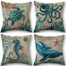 Ocean Creatures, Turtle Seahorse Whale Octopus Pillow Case Cover, Vintage Style Linen Material, 18*18 Inches Gifts Birthday Graduation - Navy Blue - View 1