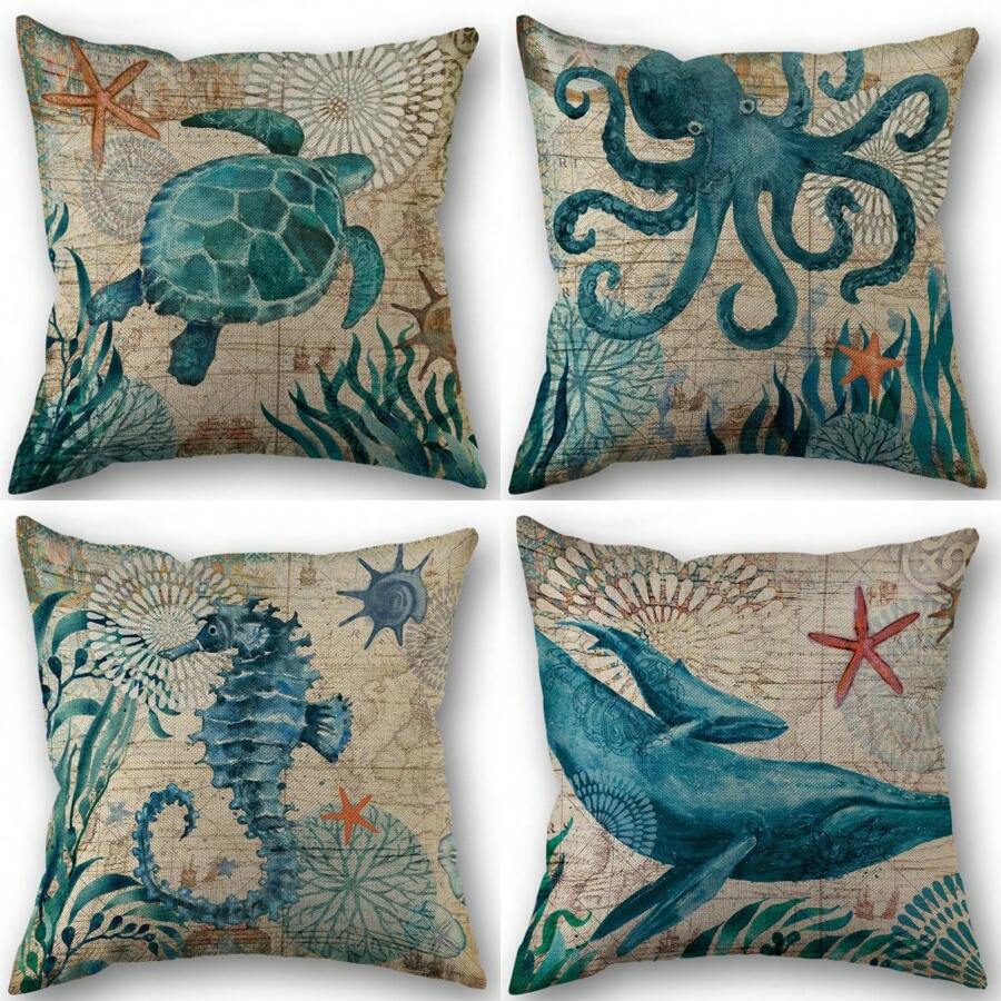 Ocean Creatures, Turtle Seahorse Whale Octopus Pillow Case Cover, Vintage Style Linen Material, 18*18 Inches Gifts Birthday Graduation - Navy Blue - View 1