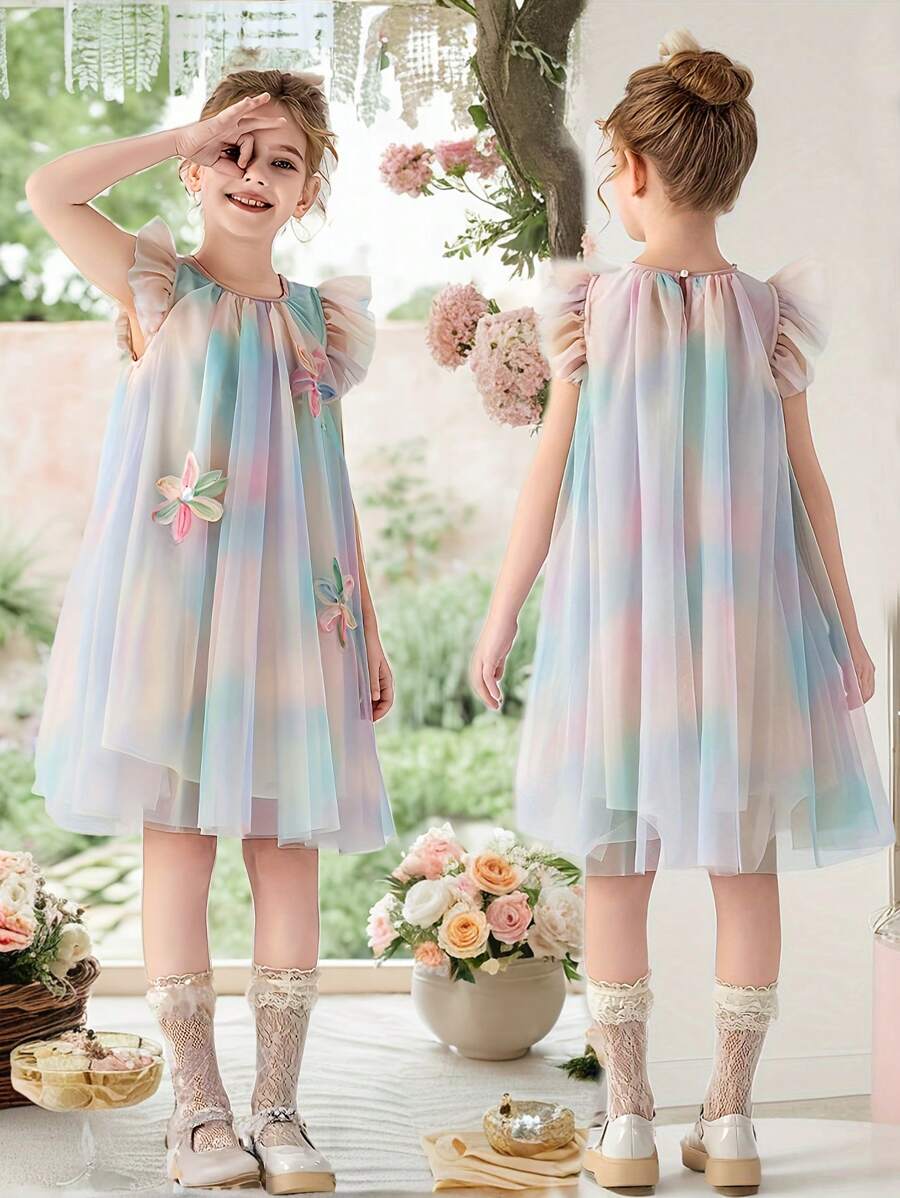 Young Girl 1pc BSand-Colored Rainbow Ombre Flared Dress With Puff Sleeves And 3D Flower Accents, Tulle Princess Dress