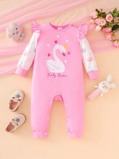 Mono de manga de vuelo con estampado de cisne para bebé niña, primavera/otoño