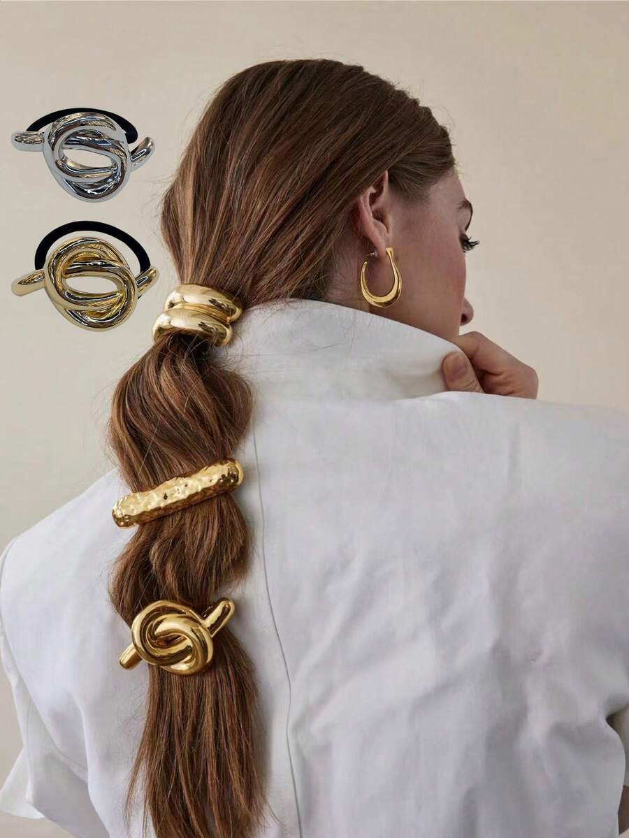 1 件优雅金色金属发带，女士奢华风格马尾辫夹，简约别致发带配饰，小巧光泽双拱形马尾辫，圆顶马尾辫袖口，马尾辫松紧带，女士和女孩发饰 - 髮圈 - 查看 1