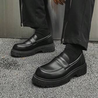Men's Leather Elevator Shoes, Thick Sole, British Style Loafers, Versatile Minimalist Formal Dress Shoes, Solid Black Color