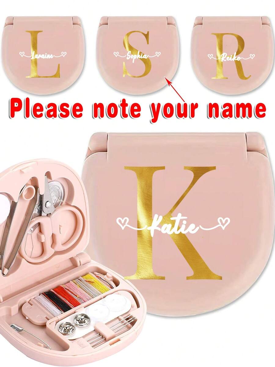 1 Pc Customized Name Travel Sewing Kit With Organizer Case Embroider Set Emergency Repair Tools Box Portable Needlework Accessories With Threads Scissors Hand Sewing Needles Personalized DIY Name Travel Accessories - Pink - View 1