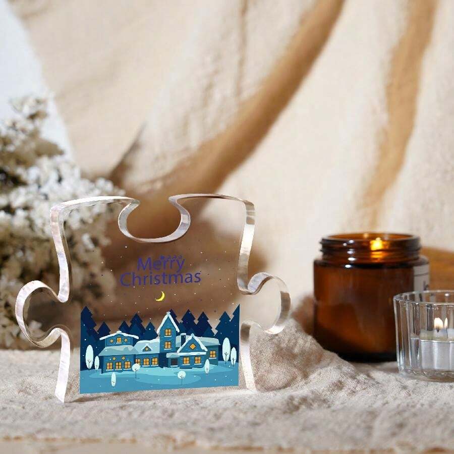 1 件，月亮和蓝色雪屋拼图形牌匾，温馨浪漫的氛围，幸运拼图型亚克力装饰和礼物，圣诞礼物，送给同事、朋友、同学、家人、老板的最佳冬季礼物，适用于咖啡馆、酒吧、餐厅、甜品店 - 透明色 - 查看 1