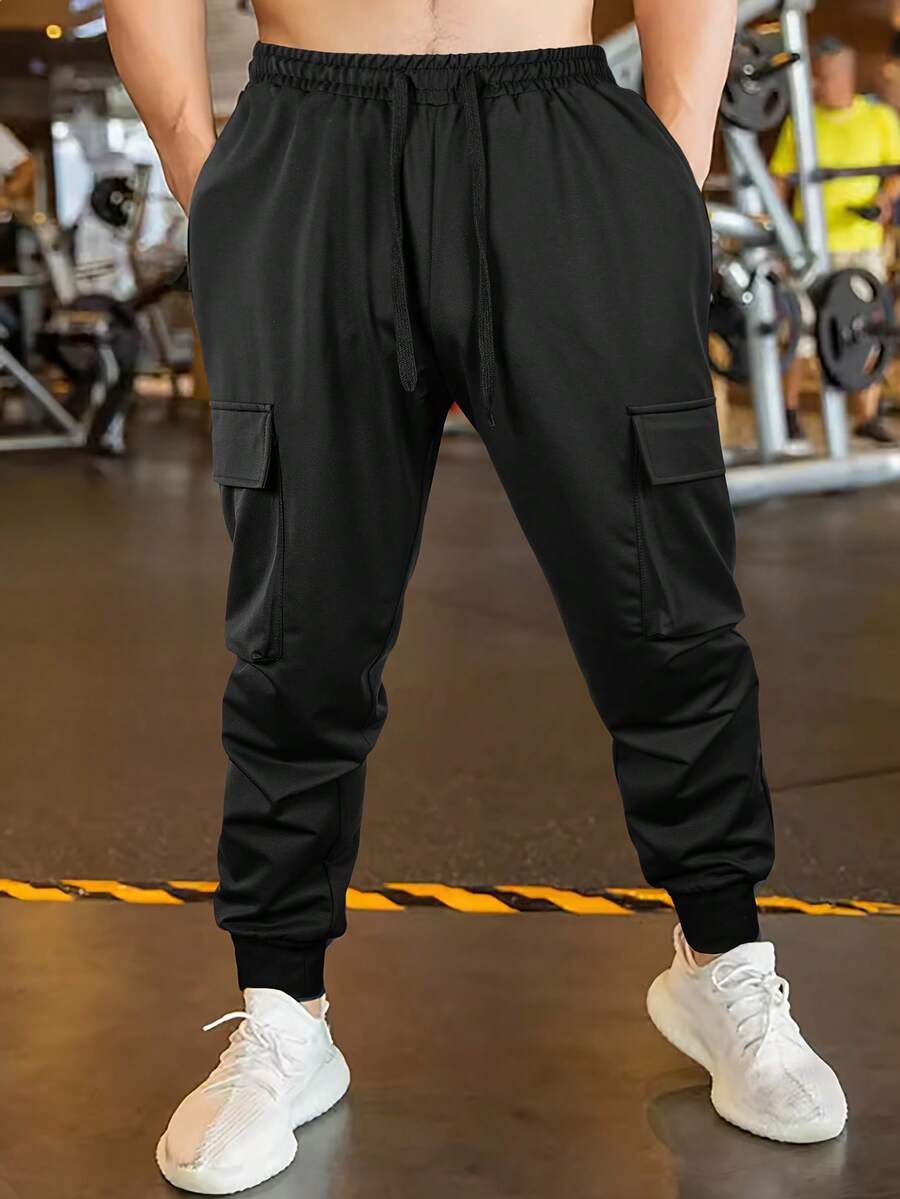 Men's Fashionable Drawstring Sports Pants For Autumn/Winter - Black - View 1