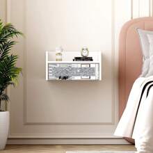 Floating Mirrored Nightstand, White Bedside Table, Small Night Stand, Modern End Table With Drawer, Silver With Mirror Drawer, Side Table Wall Mounted Shelf Space-Saving For Bedroom - Silver - View 7