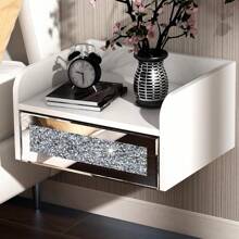 Floating Mirrored Nightstand, White Bedside Table, Small Night Stand, Modern End Table With Drawer, Silver With Mirror Drawer, Side Table Wall Mounted Shelf Space-Saving For Bedroom - Silver - View 3