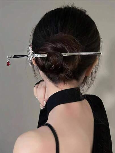 Sword-Shaped Hair Clip, Metal Sword-Shaped Hair Clip With Gemstone Pendant, Retro Style Bun Hairpin, Long Thick Hair Accessory For Women And Girls, Hair Bun Clip, Hair Bun Maker, Hair Bun Accessory, Hair Pin