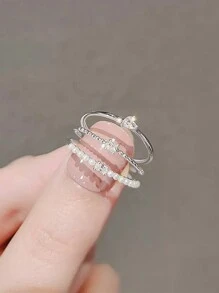 Nooxian Bộ 3 chiếc nhẫn bằng bạc đính đá Cubic Zirconia lấp lánh tối giản tinh tế, độc đáo và cao cấp, thích hợp cho trang phục hàng ngày của phụ nữ - Bạc - Xem 3