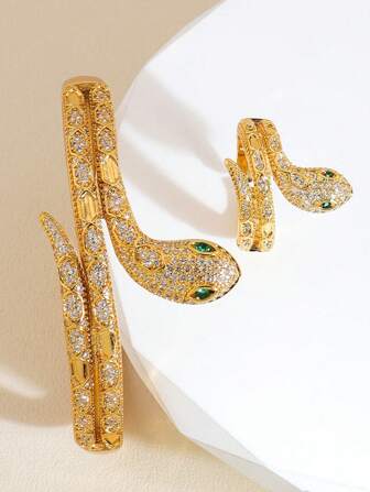 2pcs/Set Fashion Serpentine Design Jewelry Set Brass Bracelet And Ring Set Cubic Zirconia Decoration Can Be Opened Suitable For Women To Wear Everyday Holiday Gifts