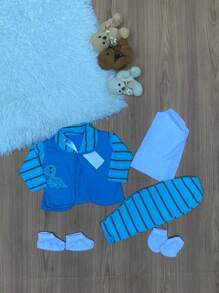 Kit 4 conjuntos pagão menino desenho Dinossauro 20 peças bebê recém-nascido moda infantil promoção - Multicolorido - Visão 5