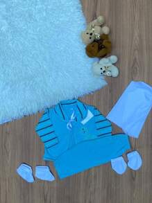 Kit 4 conjuntos pagão menino desenho Dinossauro 20 peças bebê recém-nascido moda infantil promoção - Multicolorido - Visão 3