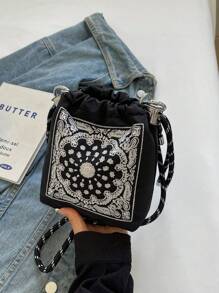 1pc Women's Portable Embroidered Slanted Shoulder Bag, Summer Beach Vacation Shoulder Bag, Lightweight Nylon Daily Storage Bag, Perfect For Phone, Charger, Earphones, Wallet - Black - View 7