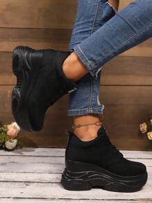 女士厚底高跟編織透氣海綿底鞋，2024年秋冬新品系列，百搭休閒運動綁帶鞋