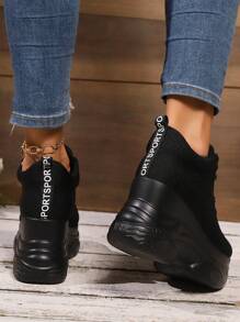 女士厚底高跟編織透氣海綿底鞋，2024年秋冬新品系列，百搭休閒運動綁帶鞋