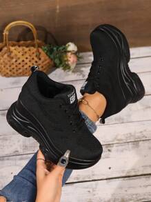 女士厚底高跟編織透氣海綿底鞋，2024年秋冬新品系列，百搭休閒運動綁帶鞋