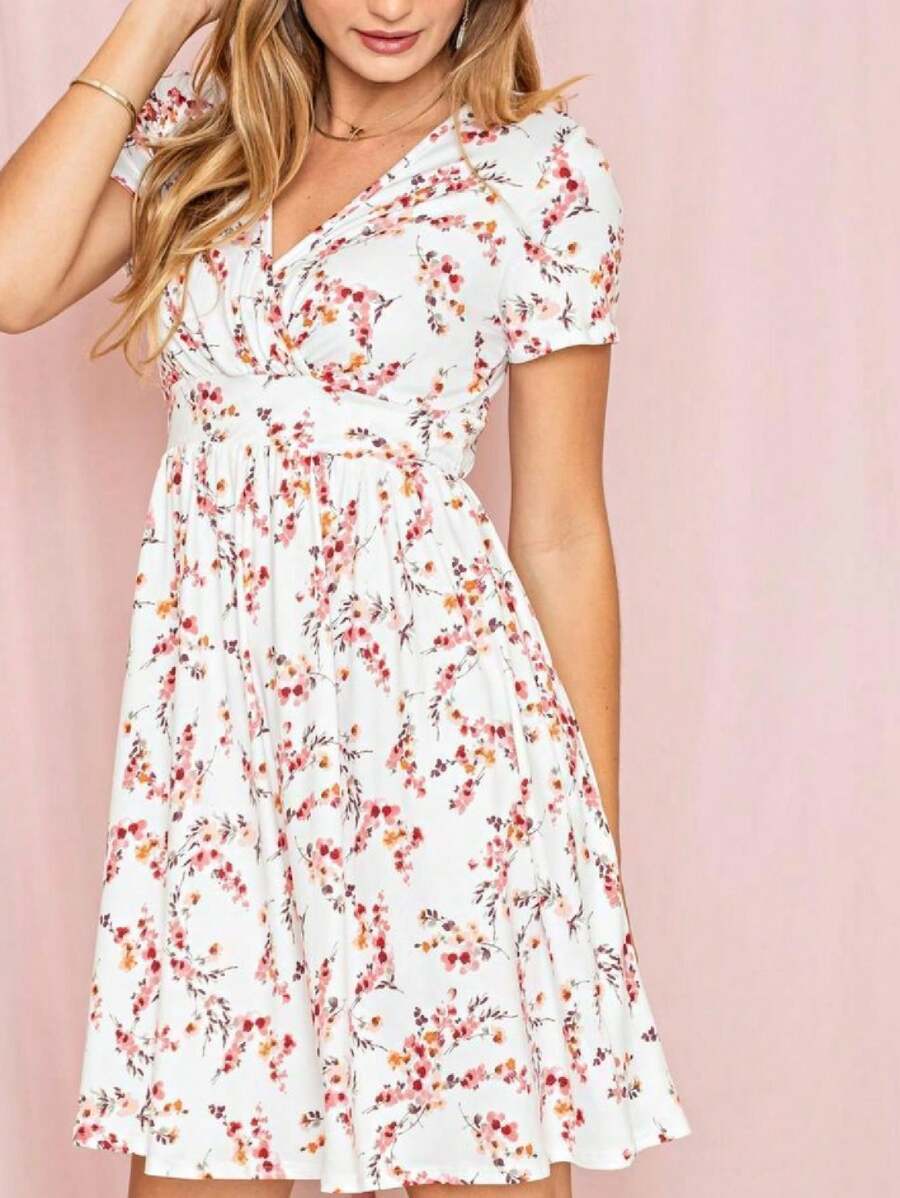 Boho Retro Sage Navy Pink Black Ditsy Floral Surplice Deep V Neck Band Waist Shirring Soft Swing Dress Small To 3 XL Plus - trắng - Xem 1