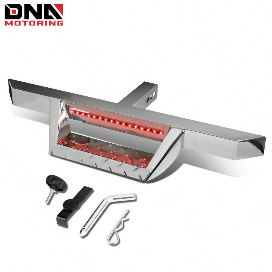2" Tow Trailer Receiver Chrome Hitch Step Bar Bumper Guard W/Led Brake Light - Silver - View 1
