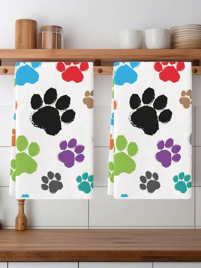 2pcs Dog Paw Print Pattern Dish Towels For Kitchen, Colorful Paw Print Design Kitchen Decor Dish Cloths, Suitable For Kitchen, Camping, RV, All Seasons Use