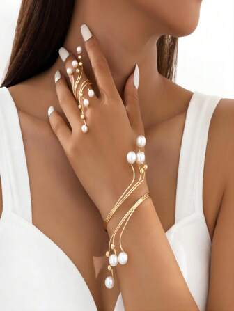 Cute And Faux Pearl Bracelet & Ring Set For Women, Party Gift
