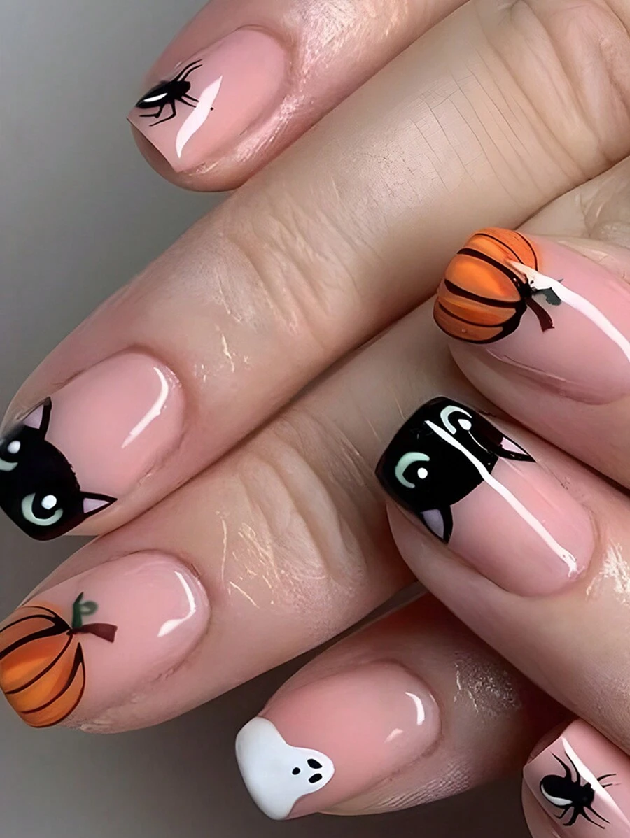 Juego de 24 uñas postizas cuadradas estilo presionar, con diseños sencillos y dulces de color rosa, lindos fantasmas calabaza y gatitos de dibujos animados, adecuado para estudiantes, damas de oficina, fiestas, festivales y uso diario. - Multicolor - Ver 1
