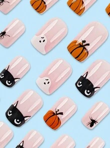 Juego de 24 uñas postizas cuadradas estilo presionar, con diseños sencillos y dulces de color rosa, lindos fantasmas calabaza y gatitos de dibujos animados, adecuado para estudiantes, damas de oficina, fiestas, festivales y uso diario. - Multicolor - Ver 3