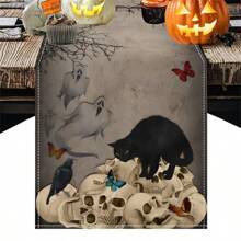 Camino de mesa de Halloween, cráneo retro, gato negro, telaraña, esqueleto de rosa, decoración de mesa de cocina y comedor, mantel de mesa de fantasma de Halloween adecuado para suministros de fiesta en interiores y exteriores, mejores regalos