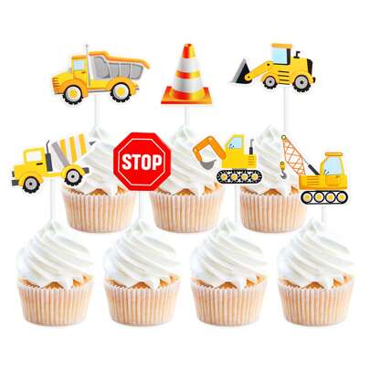 Cartoon Vehicle Car Plane Excavator Paper Cupcake Toppers - "Happy Birthday!" Cake Picks, Birthday Party Decor, Baby Shower Decorations