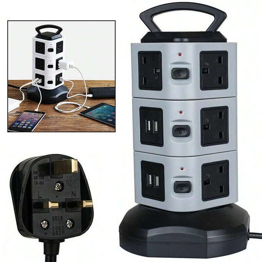 Power Strip Tower, Surge Protector Extention Lead Vertical Power Strip Tower, 10 Outlet Plugs & 4 USB Slot With 16.4ft Cord, Universal Charging Station - Black - View 1