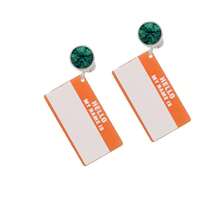 Delight Jewelry Acrylic Orange "Hello" Name Tag Crystal Clip On Earrings - kristal hijau - View 2