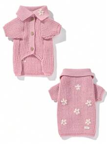 UFBemo 1pc Pet Sweater, Cute 3D Floral Knit Polo Collar Cardigan, Soft Comfortable Material Suitable For Cats And Small-Medium Dogs