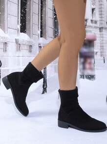 Autumn Women Retro Suede Chunky Heel Pointed Toe Ruched Mid-Calf Boots