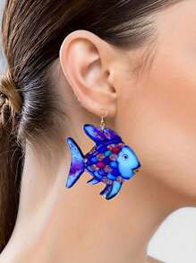 1 par de aretes de acrílico con forma de pez de colores llamativos y diseño de flor divertida, joyería creativa para mujeres