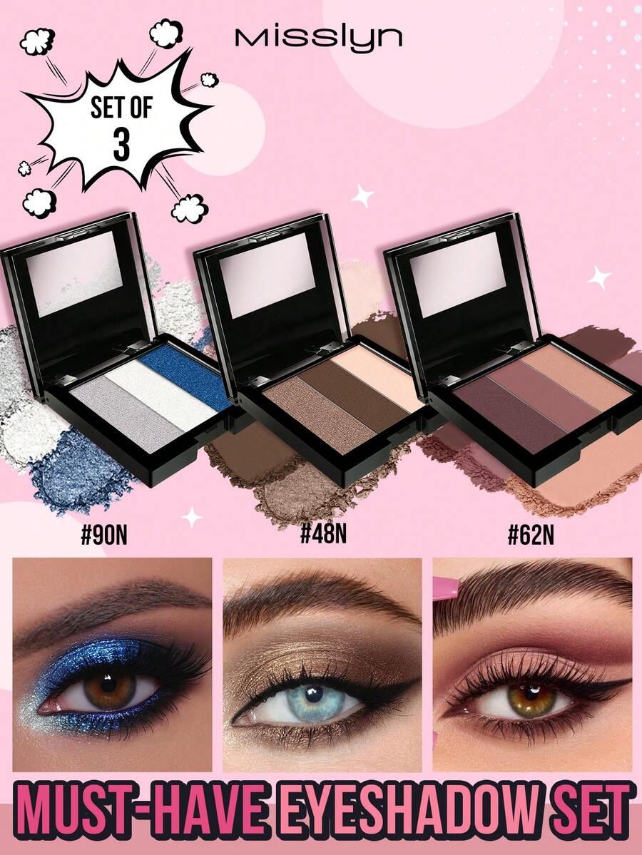 Misslyn 必备眼影套装，3 件套，包含 3 种高色度眼影，可轻松涂抹于眼睑上，让双眸闪耀色彩，颜色/颜色均匀，色泽柔和，可混合成多维眼妆，哑光、闪光和闪亮眼妆，高色度，持久，易于组合，迷你便携包装，质地柔软 - 62N+48N+90N - 查看 1