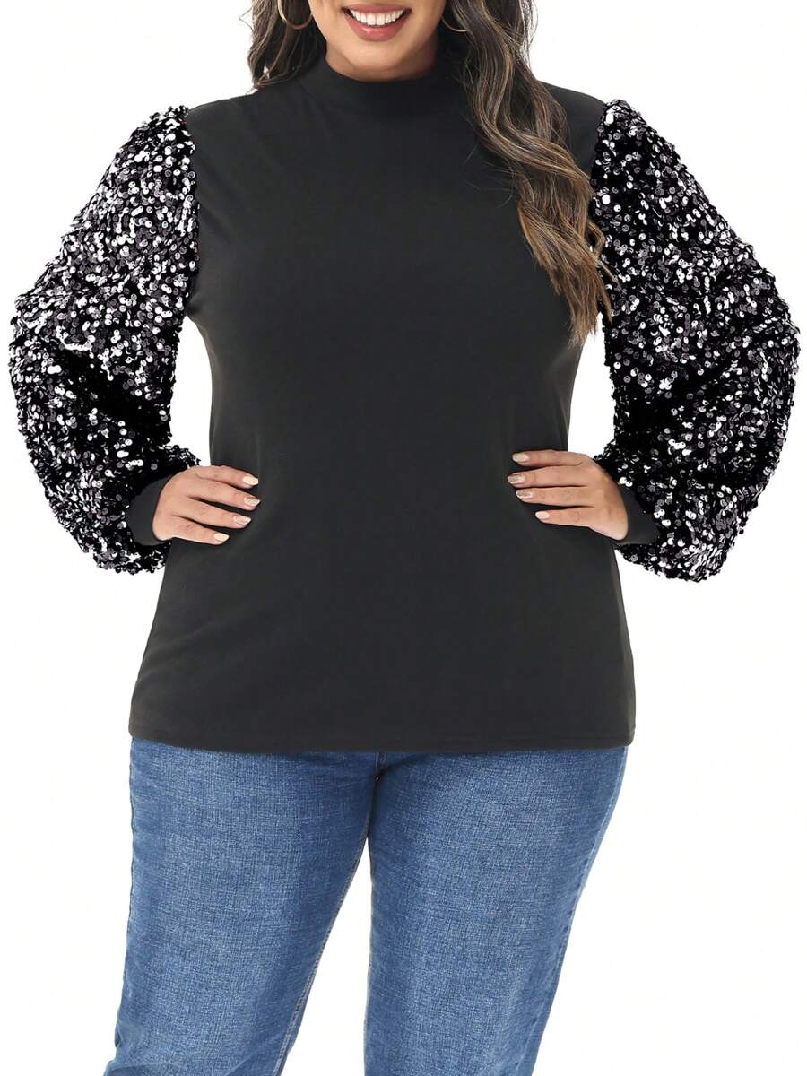 Women's Plus Size Sparkle Sequin Sweatshirt Mock Neck Pullover Long Sleeve Glitter Party Tops - 黑與白 - 查看 1