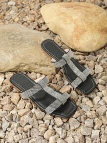 2024 Women's Fashion Flat Sandals, Rhinestone Slippers, Beach Leisure Shoes